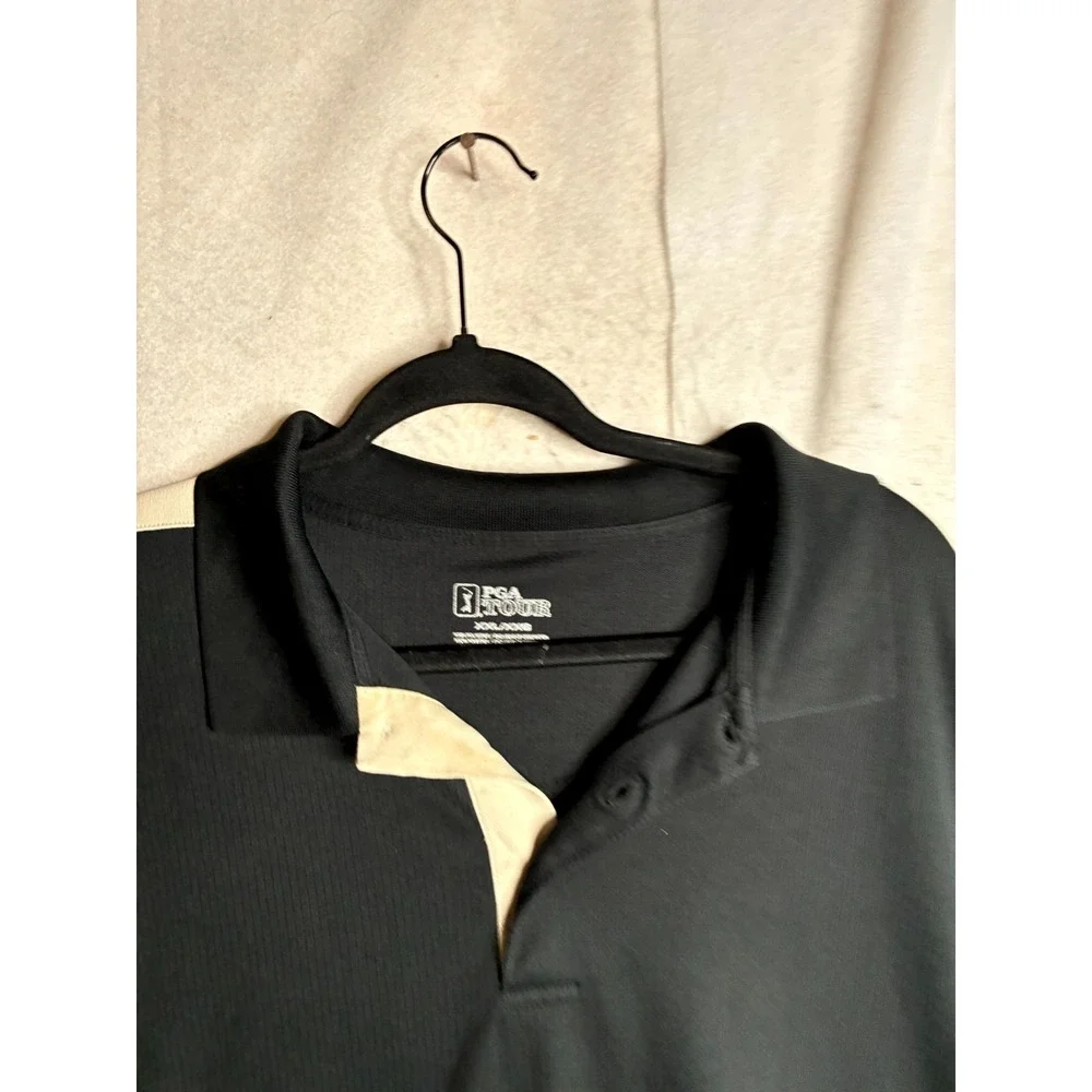 PGA Tour Polo Shirt Men's 2XL Black Beige Golf Performance Short Sleeve Popover